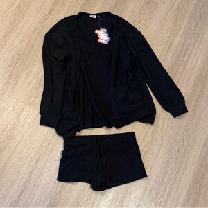 Black fuzzy cardigan and short set
